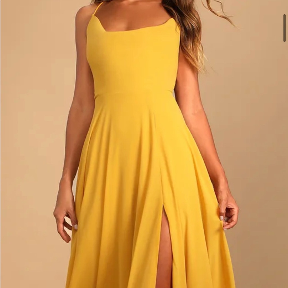 Yellow Lulus lace-up cowl maxi dress (wedding guest/bridesmaid dress)